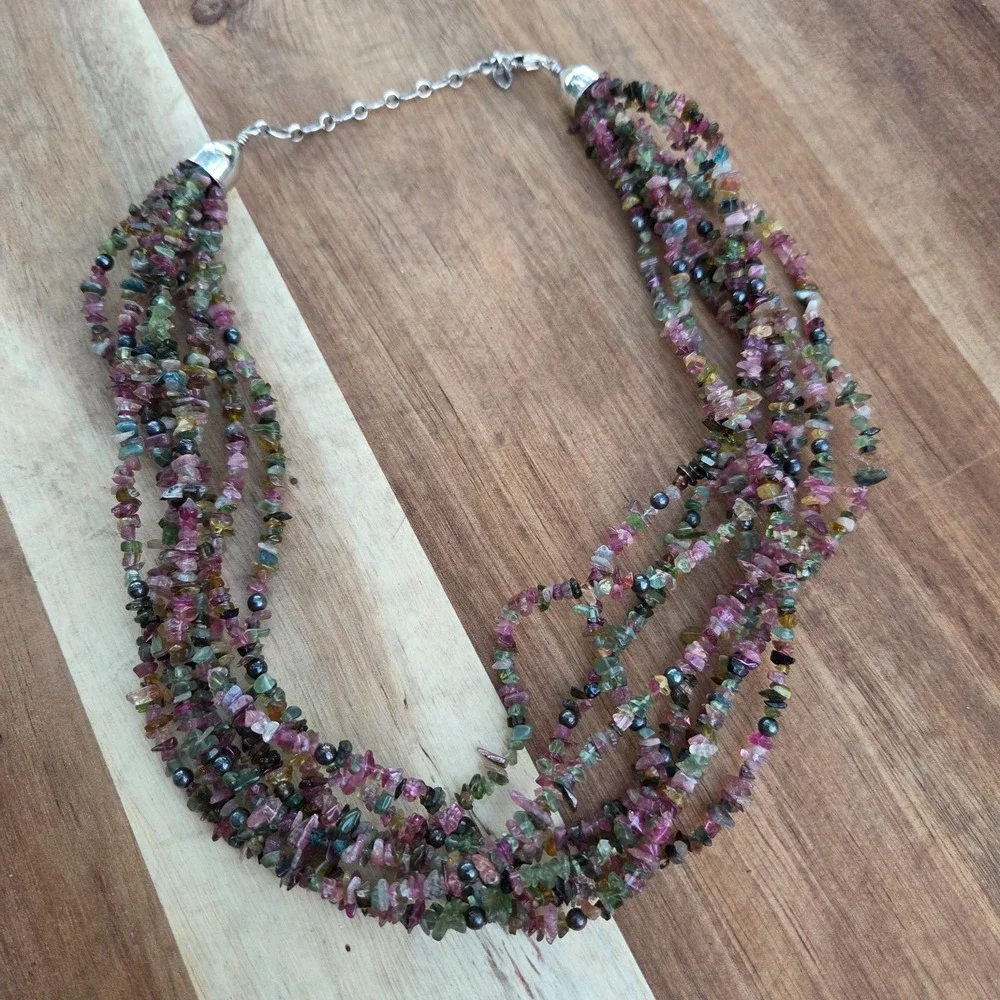 Jay King DTR .925 Silver‎ Pink Green Tourmaline Chip Bead 8 Strand Necklace